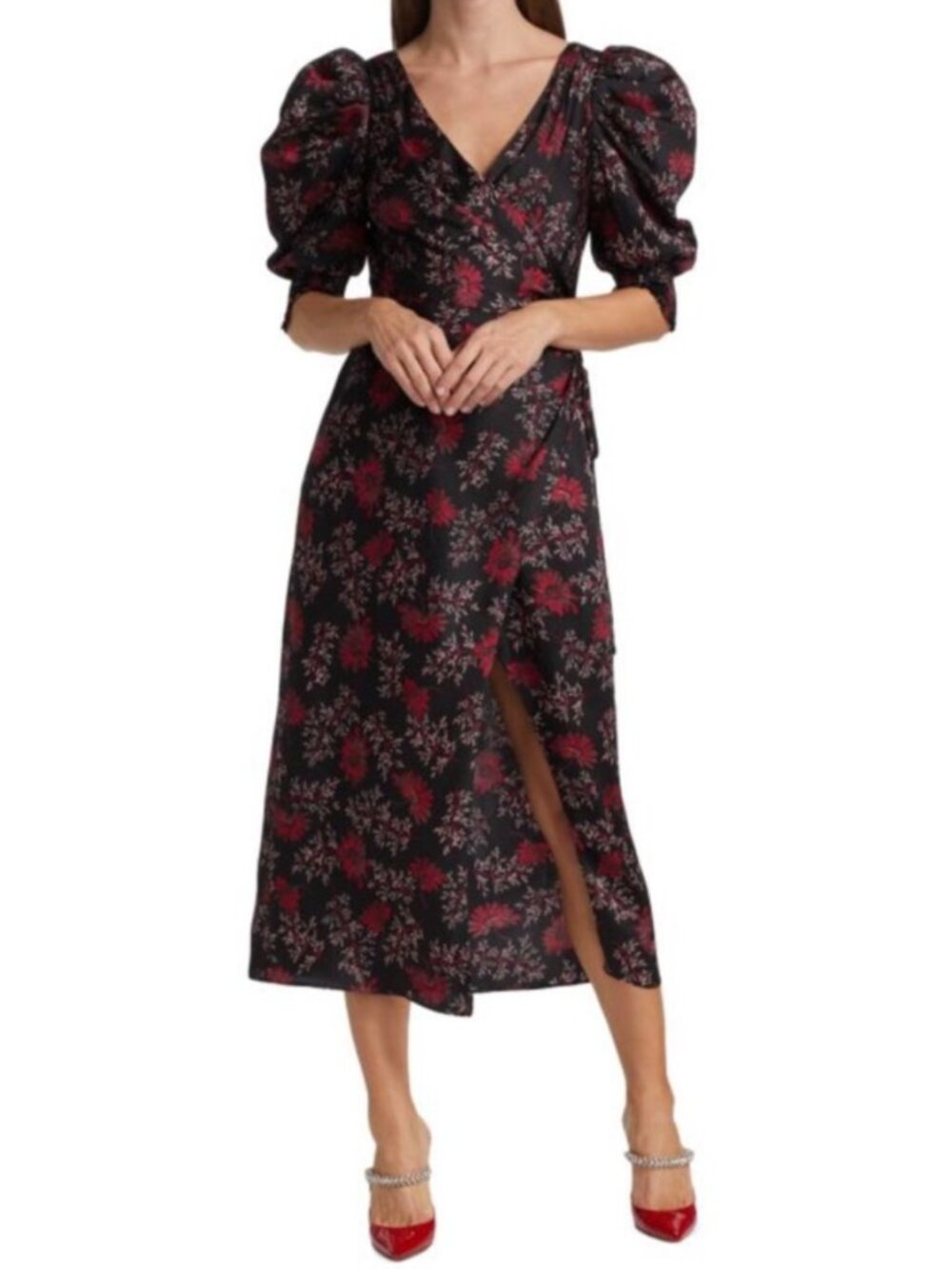 Cinq a Sept Tumbled Daisy Kacy Wrap Dress Floral Puff Sleeve Sz 6 Whimsygoth